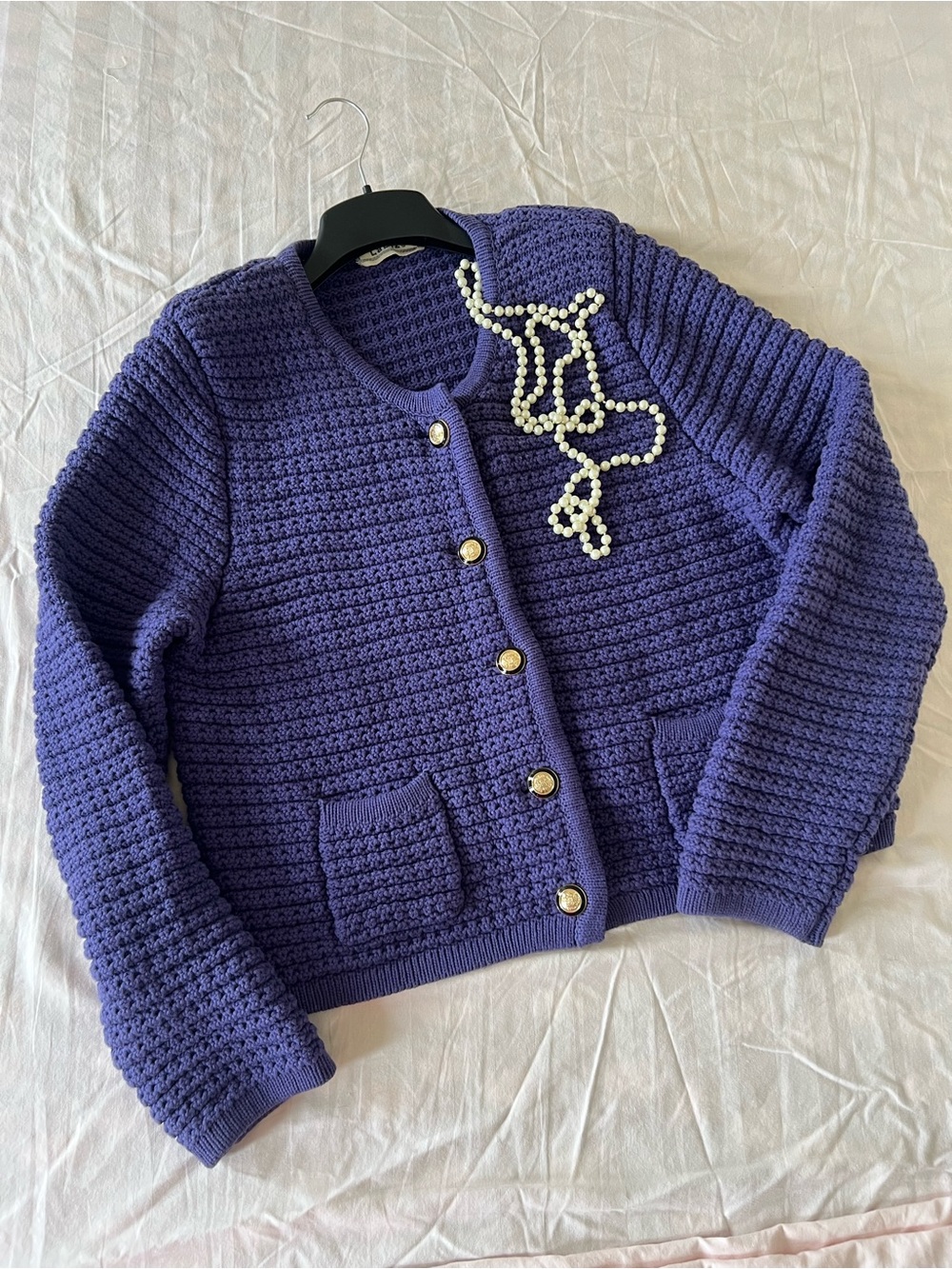 Purple Knit Cardigan Gold Buttons Quiet Luxury Luxe Sweater Y2k Prep Old Money L
